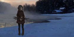 Rule 34 | 1girl, ame sagari, blush, boots, brown eyes, coat, commentary, footprints, forest, highres, holding, house, looking to the side, nature, original, pantyhose, sack, scenery, short hair, sidelocks, snow, solo, branch, water, winter, winter clothes, winter coat