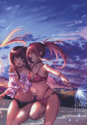 Rule 34 | 2girls, absurdres, bare shoulders, bikini, blurry, blurry background, bracelet, breasts, choker, closed mouth, cloud, cloudy sky, collarbone, gradient sky, hair ornament, hanikami kanojo, highres, holding, jewelry, leg up, long hair, medium breasts, multiple girls, myouga satsuki, navel, one eye closed, open mouth, outdoors, piromizu, ponytail, scan, shizuki neru, shore, simple background, sky, smile, stomach, swimsuit, thighs, water, water drop, wet, wet hair, x hair ornament