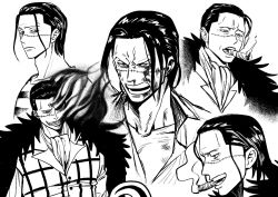 Rule 34 | black hair, cigar, crocodile (one piece), dissolving, gimaug, greyscale, hair slicked back, highres, injury, male focus, monochrome, multiple views, one piece, scar, scar on face, smile, smoking, solo, vest