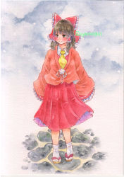 Rule 34 | 1girl, absurdres, ascot, blush, bow, brown hair, closed mouth, collared shirt, frilled bow, frilled hair tubes, frilled sleeves, frills, full body, hair bow, hair tubes, hakurei reimu, highres, long sleeves, medium hair, outdoors, red bow, red shirt, red skirt, sandals, shin1ar24, shirt, skirt, socks, solo, standing, touhou, traditional media, watercolor pencil (medium), white socks, yellow ascot, zouri