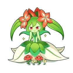 Rule 34 | 1girl, flower, full body, green hair, highres, lyleen, monster girl, oo rin5, pal (creature), palworld, plant girl, plant hair, red eyes, red flower, simple background, solo, sparkle, twintails, white background, yellow flower