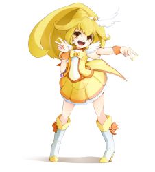 Rule 34 | 10s, 1girl, bike shorts, blonde hair, boots, bow, bowtie, cure peace, double v, dress, electricity, eyelashes, full body, hair flaps, hair ornament, hairpin, kise yayoi, long hair, magical girl, momo (higanbana and girl), orange bow, orange bowtie, precure, ribbon, skirt, smile, smile precure!, solo, v, white background, wide ponytail, yellow bow, yellow dress, yellow eyes, yellow skirt, yellow theme