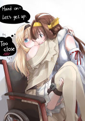 Rule 34 | 10s, 2girls, ahoge, arms behind head, bare shoulders, blonde hair, blue eyes, blush, braid, brown eyes, brown hair, capelet, carrying, detached sleeves, double bun, dress, english text, flying sweatdrops, french braid, garter straps, hairband, headgear, highres, japanese clothes, kantai collection, kongou (kancolle), long hair, long sleeves, multiple girls, nontraditional miko, off shoulder, pin.s, princess carry, remodel (kantai collection), ribbon-trimmed sleeves, ribbon trim, thighhighs, warspite (kancolle), wheelchair, white legwear