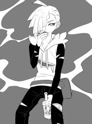 Rule 34 | 1boy, alcohol, amagaeru (amapippi052525), blonde hair, bottle, cigarette, creatures (company), ear piercing, game freak, gladion (pokemon), greyscale, hair over one eye, highres, hood, hoodie, male focus, monochrome, nintendo, piercing, pokemon, pokemon sm, short hair, smoke, smoking, solo, torn clothes