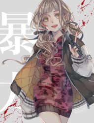 Rule 34 | 1girl, :d, blonde hair, blood, blood on face, bloody weapon, cartolaio, grey background, hair between eyes, hair ribbon, highres, holding, holding knife, hood, hoodie, jacket, knife, letterman jacket, long hair, long sleeves, looking at viewer, open mouth, reality arc (sinoalice), red hoodie, red riding hood (sinoalice), ribbon, sinoalice, smile, solo, striped clothes, striped jacket, teeth, trench knife, twintails, wavy hair, weapon, yellow eyes