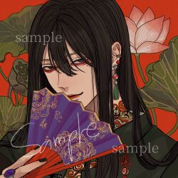 Rule 34 | 1boy, androgynous, bishounen, black hair, black jacket, black nails, brown eyes, chest tattoo, closed mouth, commission, ear piercing, earrings, flower, folding fan, hair between eyes, hand fan, highres, holding, holding fan, jacket, jewelry, kagoya1219, leaf, long hair, looking at viewer, lotus, male focus, mole, mole under eye, nail polish, neck tattoo, original, ornate ring, piercing, pink flower, portrait, red background, ring, sample watermark, smile, solo, straight hair, tassel, tassel earrings, tattoo, watermark