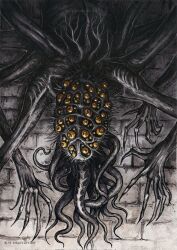 Rule 34 | 1other, amygdala (bloodborne), artist name, bloodborne, bluestraycatart, brick wall, eldritch abomination, extra arms, extra digits, extra eyes, greyscale, highres, md5 mismatch, monochrome, monster, signature, solo, tentacles, yellow eyes
