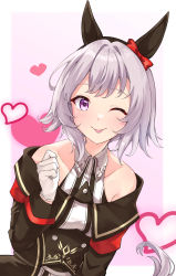 Rule 34 | 1girl, animal ears, bare shoulders, black coat, blush, closed mouth, coat, collared shirt, curren chan (umamusume), gloves, grey hair, hair intakes, hairband, hand up, heart, highres, horse ears, horse girl, horse tail, long sleeves, looking at viewer, medium hair, off-shoulder coat, off shoulder, one eye closed, purple eyes, shirt, sleeveless, sleeveless shirt, solo, tail, tiara (871220), tongue, tongue out, umamusume, upper body, white gloves