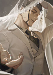 Rule 34 | 1boy, alternate costume, ascot, beckoning, black ascot, black hair, bridal veil, buttons, facial hair, facial scar, formal, golden kamuy, groom, hair slicked back, hair strand, hand in own hair, hand on own head, highres, jacket, long sleeves, male focus, midomido, ogata hyakunosuke, scar, scar on cheek, scar on face, short hair, solo, suit, upper body, veil, white jacket, white suit, wing collar, yellow eyes