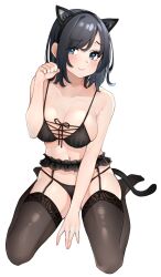 Rule 34 | 1girl, animal ears, black bra, black garter belt, black hair, black hairband, black pantyhose, black thighhighs, blue eyes, bra, breasts, cat ears, cat tail, closed mouth, commentary request, fake animal ears, fake tail, full body, garter belt, hairband, hand up, highres, large breasts, looking at viewer, original, pantyhose, paw pose, sakura no tomoru hi e, short hair, simple background, sitting, solo, tail, thighhighs, underwear, underwear only, wariza, white background