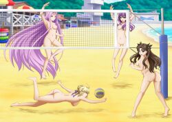 Rule 34 | 4girls, absurdres, artoria pendragon (fate), ass, ball, beach, beach volleyball, breasts, completely nude, fate/stay night, fate (series), highres, jumping, martinstorm91, matou sakura, medium breasts, medusa (fate), multiple girls, nude, outdoors, playing sports, pussy, sand, smile, tohsaka rin, twintails, uncensored, volleyball, volleyball (object), volleyball net, water