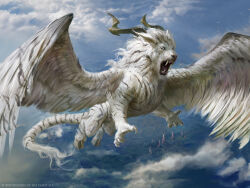 Rule 34 | animal focus, blank eyes, blue sky, brown horns, claws, cloud, company name, copyright notice, day, fangs, feathered wings, flying, from above, full body, herald of the forgotten, hooves, horns, magic: the gathering, mane, manzanedo, no humans, open mouth, realistic, sky, solo, tiger, white tiger, winged animal, wings