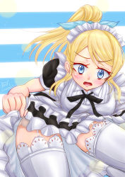 Rule 34 | 1girl, absurdres, apron, aqua bow, artist name, artist request, ayase eli, black bow, black dress, black skirt, blonde hair, blue eyes, blush, bow, bowtie, breasts, close-up, collared dress, dress, female focus, frilled apron, frilled legwear, frilled shirt collar, frills, hair between eyes, hair bow, high ponytail, highres, holding, holding clothes, holding skirt, long hair, looking at viewer, love live!, love live! school idol project, maid, maid headdress, medium breasts, miniskirt, parted lips, plaid, plaid dress, plaid skirt, pleated, pleated dress, pleated skirt, ponytail, puffy short sleeves, puffy sleeves, short hair, short sleeves, skirt, smile, solo, striped, striped background, white apron, white dress, white legwear