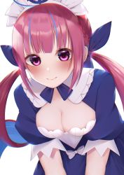 Rule 34 | 1girl, ahoge, anchor symbol, blue hair, blue neckwear, blue ribbon, blush, braid, breasts, cleavage, closed mouth, collarbone, colored inner hair, commentary request, downblouse, hair ribbon, highres, hololive, leaning forward, long hair, looking at viewer, maid, maid headdress, medium breasts, minato aqua, multicolored hair, nerua, puffy short sleeves, puffy sleeves, purple eyes, purple hair, ribbon, short sleeves, simple background, smile, solo, twintails, two-tone hair, upper body, virtual youtuber, white background