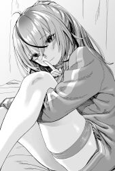 Rule 34 | 1girl, absurdres, blush, finger to mouth, greyscale, hair between eyes, highres, hugging own legs, long hair, looking at viewer, monochrome, multicolored hair, original, shushing, skindentation, solo, streaked hair, sweater, thigh strap, two-tone hair, untsuku