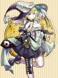 Rule 34 | 1girl, armor, bandages, blonde hair, blue eyes, breasts, hat, looking at viewer, original, poo (pitind), short hair, skirt, solo, striped, striped background, sword, vertical stripes, weapon