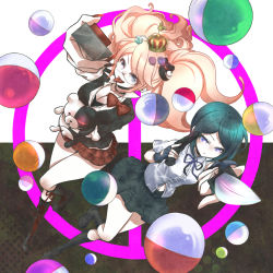 Rule 34 | 2girls, black hair, black skirt, blonde hair, blue eyes, blue ribbon, boots, bow, bowtie, breasts, button, calf boots, calf socks, cleavage, crown, danganronpa: trigger happy havoc, danganronpa (series), enoshima junko, eyebrows, eyebrows hidden by hair, fake nails, fingerless gloves, fingernails, frown, full body, glasses, gloves, gun, handgun, holding, holding gun, holding weapon, ikusaba mukuro, knife, knife in hand, large breasts, leather, leather boots, long eyelashes, long hair, medium breasts, medium hair, monokuma, multiple girls, mushroom, nail polish, navel, neck ribbon, necktie, partially unbuttoned, pistol, plaid, plaid skirt, red nails, ribbon, shirt, siblings, simple background, sisters, skirt, smile, thighs, tongue, tongue out, twins, twintails, unbuttoned, unbuttoned shirt, weapon