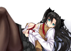 Rule 34 | 1girl, black hair, blue eyes, breasts, fate/stay night, fate (series), hair ribbon, homurahara academy school uniform, long hair, open clothes, open shirt, pantyhose, ribbon, school uniform, shirt, simadu-kazuhisa, solo, tohsaka rin, twintails, two side up