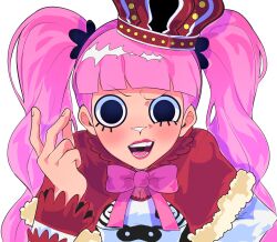 Rule 34 | 1girl, black eyes, blunt bangs, breasts, capelet, cleavage, commentary, crown, english commentary, fur-trimmed capelet, fur trim, highres, long hair, medium breasts, one piece, open mouth, perona, pink hair, raised eyebrow, red capelet, red lips, smile, snapping fingers, solo, teeth, tilted headwear, twintails, upper body, vmifishi