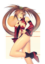 Rule 34 | 1girl, ankle boots, bare shoulders, blush, boots, breasts, brown eyes, brown hair, chinese clothes, detached sleeves, embarrassed, guilty gear, highres, kuradoberi jam, large breasts, long hair, mahito, miniskirt, navel, nipple slip, nipples, skirt, solo, tears, thighs, torn clothes, torn skirt, very long hair, wide sleeves