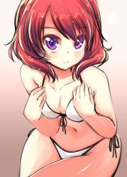 Rule 34 | 10s, 1girl, akino sora, bare shoulders, bikini, breasts, collarbone, cowboy shot, front-tie bikini top, front-tie top, gradient background, hands on own chest, highres, looking at viewer, love live!, love live! school idol project, md5 mismatch, navel, nishikino maki, pink background, purple eyes, red hair, resized, resolution mismatch, short hair, side-tie bikini bottom, small breasts, solo, source larger, swimsuit, wavy mouth, white bikini