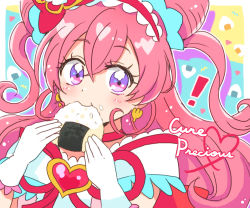 Rule 34 | !, 1girl, back bow, blush, border, bow, brooch, character name, close-up, commentary, cone hair bun, cure precious, delicious party precure, double bun, eating, food, food in mouth, food on face, gloves, hair between eyes, hair bow, hair bun, heart, heart brooch, hitopm, holding, holding food, huge bow, jewelry, long hair, looking at viewer, magical girl, maid headdress, nagomi yui, onigiri, outline, outside border, pink bow, pink hair, portrait, precure, purple eyes, red ribbon, ribbon, solo, two side up, white border, white gloves, white outline