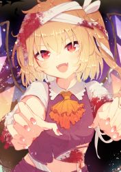 Rule 34 | 1girl, absurdres, aoi (annbi), ascot, bandaged arm, bandaged head, bandages, blonde hair, blood, bloody bandages, blush, commentary, crystal, dark background, fangs, flandre scarlet, halloween, halloween costume, highres, looking at viewer, midriff, nail polish, open mouth, orange ascot, outstretched arms, red nails, red shirt, shirt, short hair, side ponytail, smile, solo, touhou, upper body, wings, zombie pose