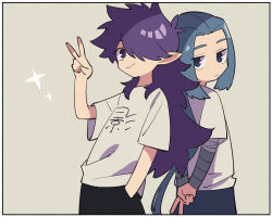Rule 34 | 2boys, back-to-back, blue eyes, blue hair, border, fengxi (the legend of luoxiaohei), hair over one eye, hand up, highres, long hair, luo xiaohei zhanji, multiple boys, nploser, pointy ears, purple eyes, purple hair, shirt, short sleeves, sidelocks, v, very long hair, white border, white shirt, wuxian (the legend of luoxiaohei)