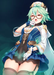 Rule 34 | 1girl, anemo (genshin impact), animal ears, beret, black thighhighs, blue dress, blush, breasts, bulge, cape, cat ears, cleavage, cleft of venus, dress, erection, erection under clothes, futanari, garter straps, genshin impact, glasses, gloves, glowing tattoo, gold trim, green hair, hat, highres, intravaginal futanari, long hair, long sleeves, looking at viewer, multicolored hair, navel, no panties, no testicles, open mouth, orange eyes, penis, ponytail, pubic tattoo, pussy, ricegnat, see-through, semi-rimless eyewear, solo, sucrose (genshin impact), tattoo, thighhighs, vision (genshin impact)