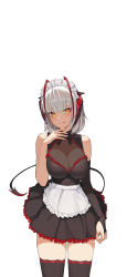 Rule 34 | 1girl, absurdres, antenna hair, apron, arknights, black bow, black thighhighs, blush, bow, bowtie, breasts, bridal gauntlets, cleavage, cleavage cutout, clothing cutout, cowboy shot, demon horns, demon tail, fingernails, highres, horns, jason kim, licking lips, looking at viewer, maid, maid apron, maid headdress, medium breasts, orange eyes, red horns, short hair, silver hair, simple background, single bridal gauntlet, slit pupils, solo, tail, thighhighs, tongue, tongue out, w (arknights), white background, zettai ryouiki