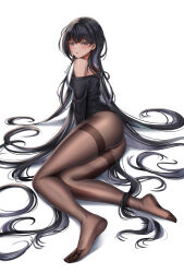 Rule 34 | 1girl, ass, black hair, black shirt, blush, brown pantyhose, character request, closed mouth, copyright request, earrings, feet, full body, grey eyes, highres, jewelry, knees together feet apart, korean commentary, legs, long hair, long sleeves, looking at viewer, mixed-language commentary, no shoes, off shoulder, on ground, pantyhose, shirt, simple background, single bare shoulder, sitting, soles, solo, stud earrings, thighband pantyhose, toes, twitter username, very long hair, white background, wonnikon, yokozuwari