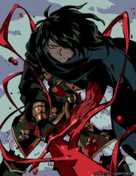 Rule 34 | 1boy, artist name, black gloves, black hair, blazemalefica, blood, blood on clothes, blood on face, blue cape, cape, colored skin, dark-skinned male, dark skin, fantasy, fur trim, gloves, green eyes, hair over one eye, hemokinesis, highres, holding, holding sword, holding weapon, long hair, looking at viewer, male focus, original, parted lips, red skin, solo, sword, teeth, vambraces, weapon