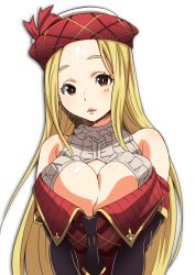 Rule 34 | 10s, 1girl, blonde hair, breasts, brown eyes, bursting breasts, cleavage, cleavage cutout, clothing cutout, date naoto, diola (granblue fantasy), dress, granblue fantasy, highres, huge breasts, long hair, looking at viewer, sexually suggestive