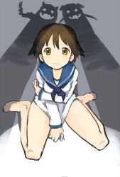 Rule 34 | 1girl, bad id, bad pixiv id, barefoot, blush, brown eyes, brown hair, gertrud barkhorn, lynette bishop, miyafuji yoshika, open mouth, role reversal, shadow, short hair, silhouette demon, sitting, sketch, smile, strike witches, swimsuit, swimsuit under clothes, tetsujin momoko, wariza, world witches series, you gonna get raped