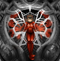 Rule 34 | 1girl, bodysuit, brown eyes, brown hair, hologram, looking at viewer, machinery, original, own hands clasped, own hands together, shijima (tanfn), short hair, solo, steam