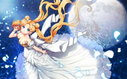 Rule 34 | 1girl, bare shoulders, bishoujo senshi sailor moon, blonde hair, blue eyes, breasts, cleavage, clothes grab, crescent, crescent facial mark, crystal, double bun, dress, facial mark, from above, full moon, gown, hair ornament, hairclip, holding, jewelry, long dress, long hair, moon, necklace, petals, princess serenity, reflection, saban, smile, solo, tsukino usagi, twintails, very long hair, water, white dress, wind