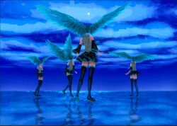 Rule 34 | 4girls, alternate hairstyle, blue hair, blue sky, blue theme, boots, clone, detached sleeves, from behind, grey shirt, hair wings, hatsune miku, highres, multiple girls, n00dlesandwitch, shirt, shoulder tattoo, skirt, sky, sleeveless, sleeveless shirt, standing, standing on liquid, star (sky), tattoo, thigh boots, thighhighs, vocaloid, walking, walking on liquid