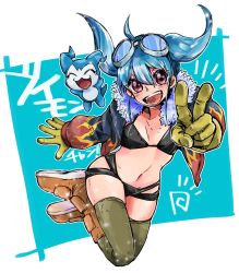 Rule 34 | boots, chibimon, digimon, digimon (creature), closed eyes, goggles, highres, jacket, smile, v