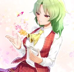 Rule 34 | 1girl, ascot, collared shirt, commentary request, floating, floating object, flower, green hair, kazami yuuka, open clothes, open hands, open vest, plaid, plaid skirt, plaid vest, red eyes, red skirt, red vest, sea scorpion (umisasori), shirt, short hair, skirt, skirt set, solo, sparkle, touhou, vest, white background, white shirt, yellow ascot