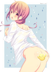 Rule 34 | ass, ass grab, bird, blush, bottomless, braid, breasts, breasts out, censored, covering privates, covering breasts, grabbing own ass, hinako note, march-bunny, pink hair, rain, sakuragi hinako, see-through, shirt, solo, surprised, twintails, water drop, wet, wet clothes, wet shirt