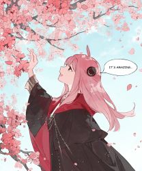Rule 34 | 1girl, absurdres, aged up, ahoge, alternate breast size, anya (spy x family), arm up, black cape, black dress, black eyes, breasts, cape, cherry blossoms, commentary request, dress, english text, falling petals, from side, hairpods, highres, holding, holding petal, hood, hooded cape, kaneblob, long hair, long sleeves, looking to the side, mixed-language commentary, multicolored clothes, multicolored dress, open mouth, outdoors, outstretched arm, petals, pink hair, reaching, red hood, sidelocks, small breasts, smile, solo, speech bubble, spy x family, standing, teeth, tongue, white dress, wind