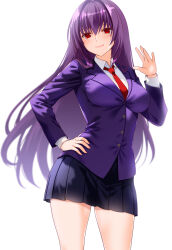 Rule 34 | 1girl, alternate costume, black skirt, breasts, buttons, closed mouth, collared shirt, commentary request, engo (aquawatery), fate/grand order, fate (series), hair between eyes, hair intakes, hand on own hip, highres, jacket, lips, long hair, long sleeves, looking at viewer, medium breasts, necktie, pink lips, pleated skirt, purple hair, purple jacket, red eyes, red necktie, scathach (fate), school uniform, shirt, simple background, skirt, smile, solo, very long hair, white background, white shirt
