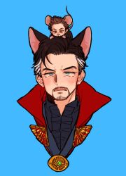 Rule 34 | 2boys, animal ears, animification, avengers: infinity war, avengers (series), black hair, black jacket, black pants, blue background, blue eyes, blue shirt, brown eyes, brown hair, cat ears, clenched hands, cloak, closed mouth, commentary request, dishing, doctor strange, facial hair, gem, gold necklace, green gemstone, half-closed eyes, infinity gems, jacket, jewelry, kemonomimi mode, korean commentary, long sleeves, looking at another, looking down, looking up, male focus, mandarin collar, marvel, marvel cinematic universe, mouse ears, mouse tail, multicolored hair, multiple boys, necklace, open mouth, pants, red cloak, shirt, short hair, simple background, tail, tony stark, two-tone hair, upper body, v-shaped eyebrows, white hair