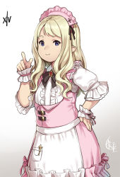 Rule 34 | 10s, 1girl, apron, warrior of light (ff14), blonde hair, blue eyes, dress, final fantasy, final fantasy xiv, hand on own hip, houtengeki, index finger raised, lalafell, long hair, looking at viewer, maid, maid apron, maid headdress, original, pink dress, pointy ears, puffy short sleeves, puffy sleeves, shirt, short sleeves, smile, solo, waist apron, wrist cuffs