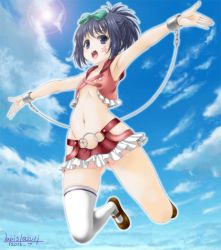 Rule 34 | 1girl, black hair, blue eyes, blush, bow, cloud, day, female focus, flat chest, hair bow, hip vent, jumping, kunihiro hajime, looking at viewer, midriff, navel, no panties, outstretched arms, ponytail, revealing clothes, saki (manga), short hair, single thighhigh, skirt, sky, smile, solo, spread arms, star (symbol), thighhighs, umyonge (lkakeu)