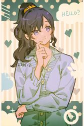 Rule 34 | 1girl, asahina mafuyu, bad id, bad pixiv id, blue hair, cardigan, collared shirt, crossed arms, dated, finger to own chin, haun, head tilt, heart, looking to the side, pinstripe pattern, polka dot, polka dot background, ponytail, project sekai, purple eyes, scrunchie, shirt, smile, striped, striped background, swept bangs, wavy hair