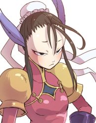 Rule 34 | 1girl, abiko yuuji, animal ears, black eyes, breath of fire, breath of fire iv, brown hair, bun cover, closed mouth, eyeshadow, makeup, short hair, simple background, solo, ursula (breath of fire), white background
