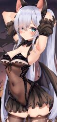 Rule 34 | 1girl, absurdres, animal ears, armpits, arms behind head, arms up, azur lane, bare shoulders, bat wings, black bow, black choker, black leotard, blue eyes, blush, bow, bow choker, breasts, brown thighhighs, cat ears, choker, cleavage, closed mouth, commission, covered navel, cowboy shot, detached sleeves, expressionless, fake animal ears, frills, hair over one eye, hairband, highres, janus (azur lane), janus (fright-night scaredy-cat) (azur lane), jun (aousa0328), latex, leotard, long hair, looking at viewer, low wings, medium breasts, navel, short sleeves, skeb commission, skindentation, sky, standing, thighhighs, thighs, torn clothes, torn thighhighs, twintails, very long hair, white hair, wings