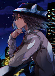 Rule 34 | 1girl, :|, alternate eye color, black hat, black skirt, bow, brown hair, building, city lights, closed mouth, cloud, collared shirt, commentary request, elbow rest, eyelashes, fedora, frills, hair ribbon, hand on own face, hat, hat bow, hat ribbon, highres, kurozu piroo, long sleeves, looking away, looking to the side, medium hair, necktie, night, railing, red eyes, red necktie, ribbon, shirt, sidelocks, skirt, sky, solo, standing, star (sky), starry sky, touhou, tress ribbon, usami renko, white bow, white ribbon, white shirt, wing collar