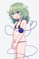 Rule 34 | 1girl, bare arms, bikini, blush, eyeball, feet out of frame, flat chest, green eyes, green hair, heart, heart of string, highres, komeiji koishi, looking at viewer, medium hair, open mouth, puroshimin, simple background, smile, solo, standing, swimsuit, third eye, touhou, wavy hair, white background